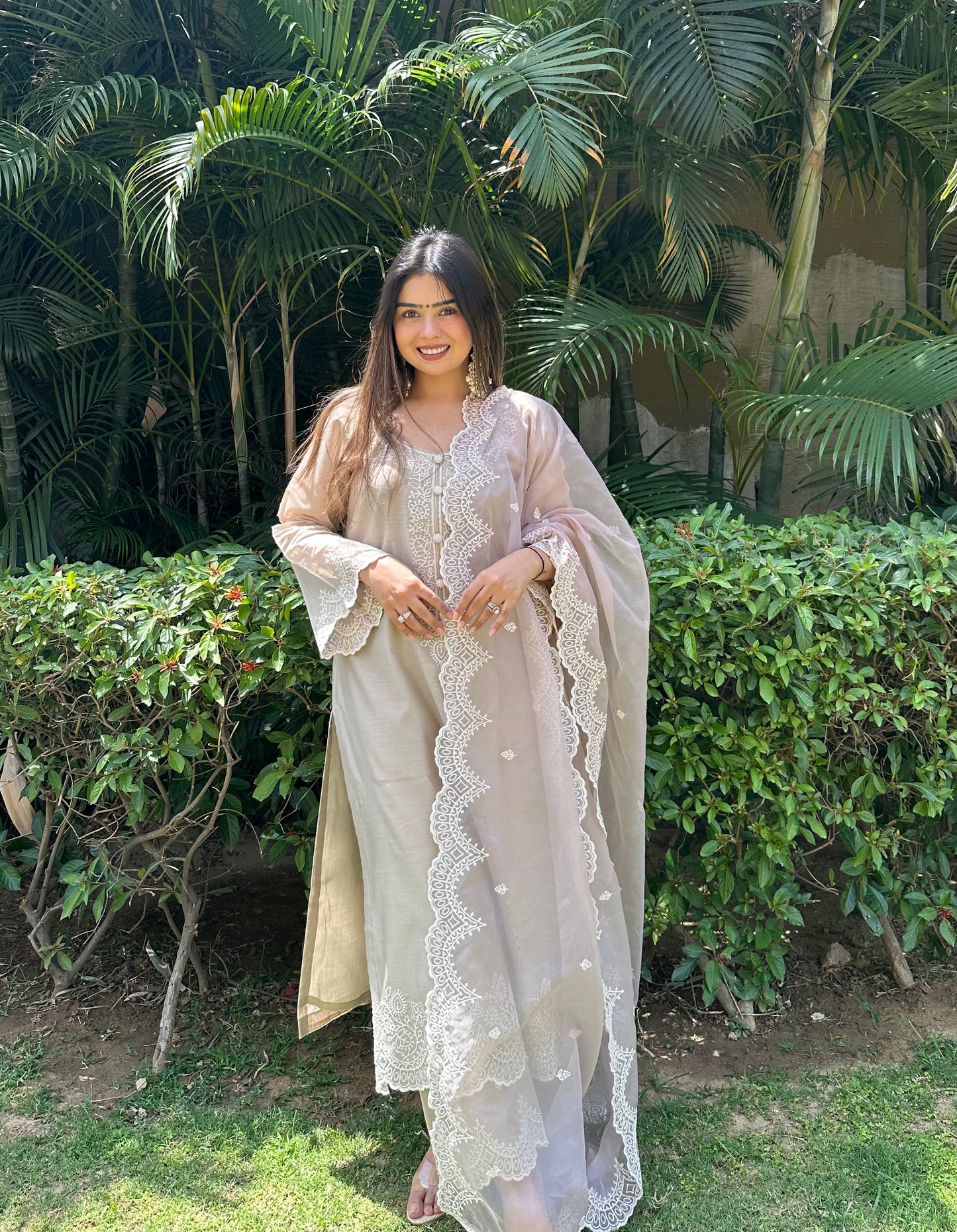 Heena Sachdeva in in Hazel Beige Chanderi Suit Set