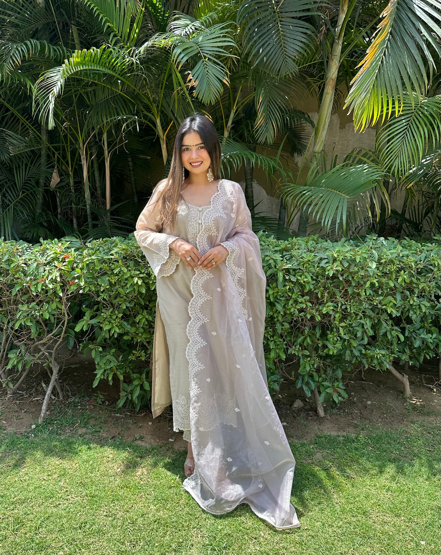 Heena Sachdeva in in Hazel Beige Chanderi Suit Set