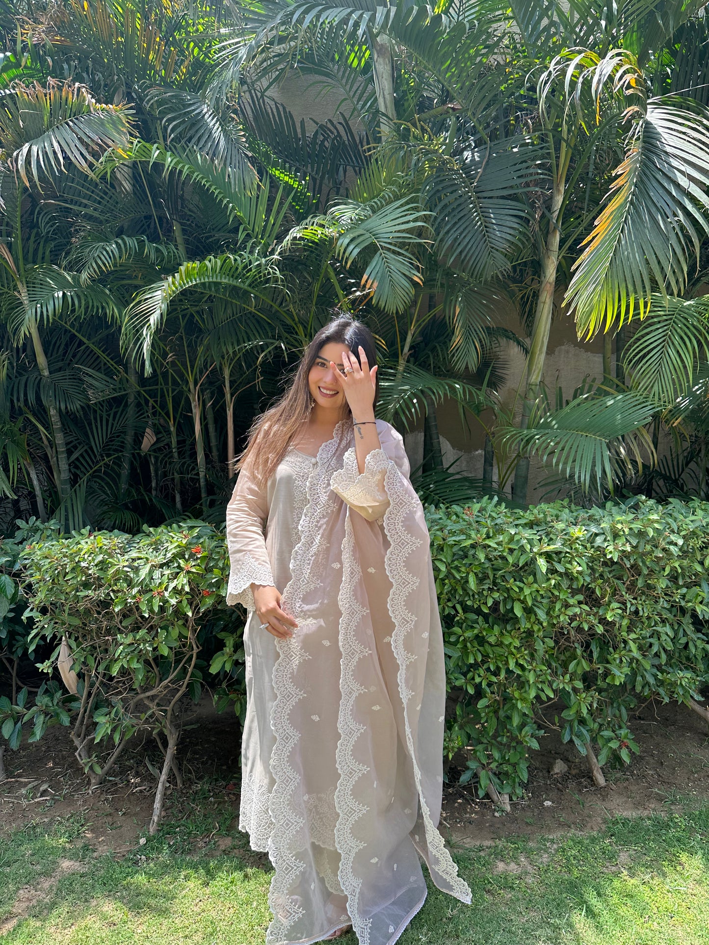 Heena Sachdeva in in Hazel Beige Chanderi Suit Set