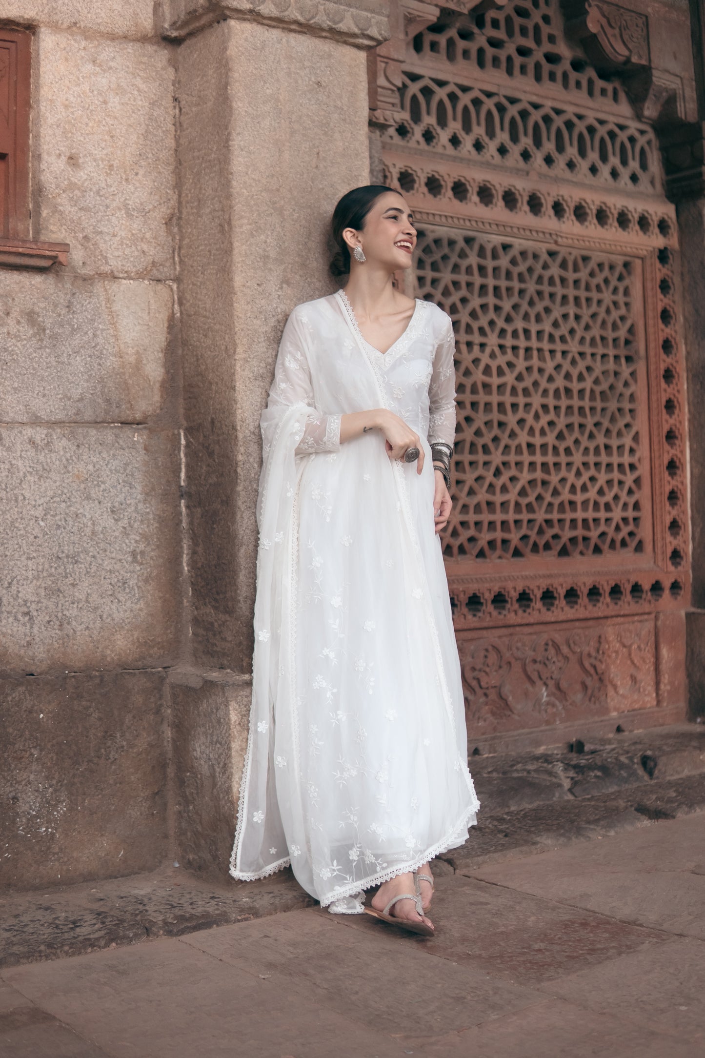 Shreya Lakhani in Aseem Ivory White Embroidered Anarkali Gown Set