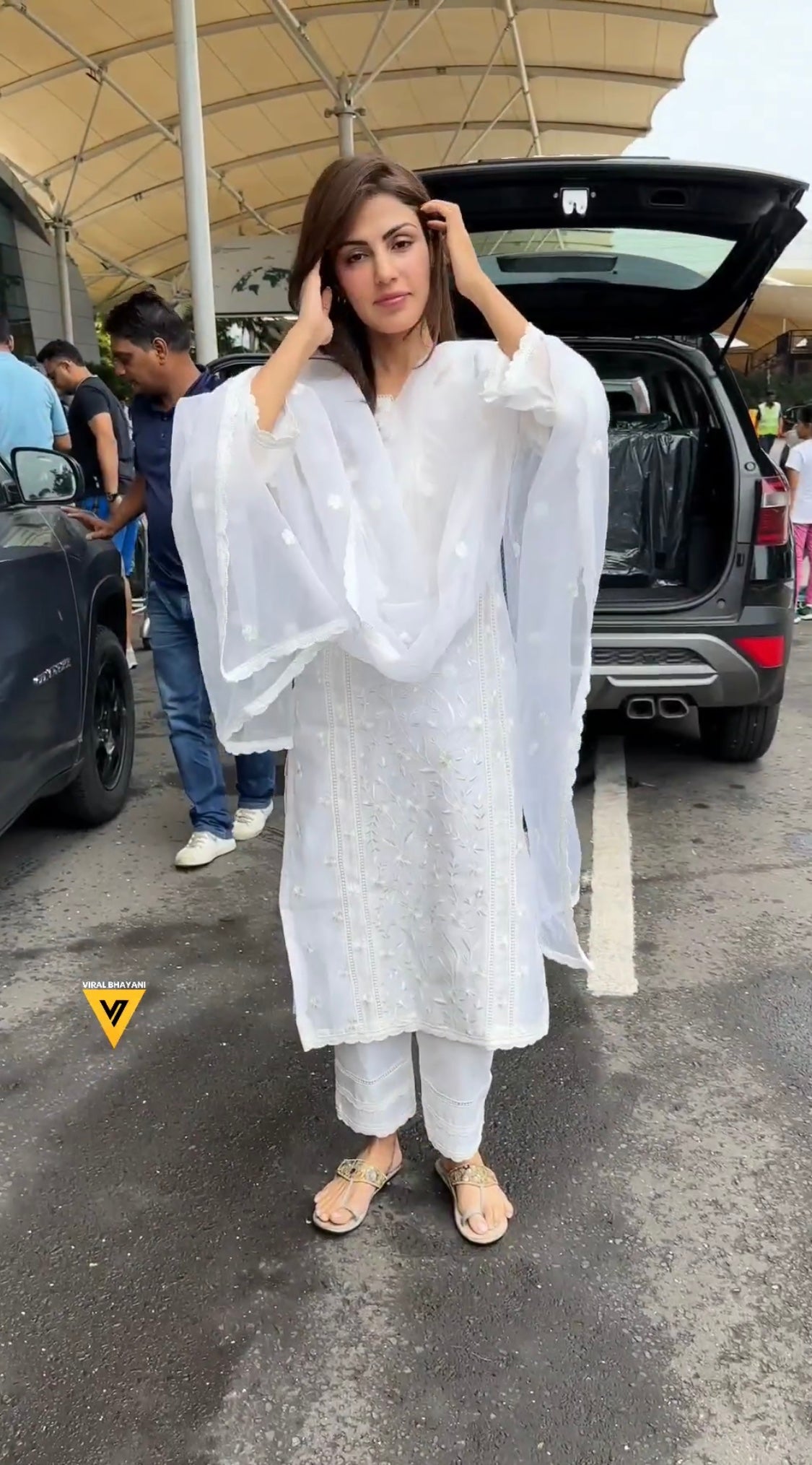 Rhea Chakraborty in Motiya - Egg White Chanderi Embroidered Suit Set.