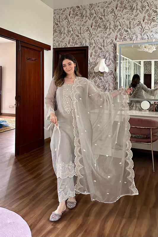 Sana Grover in Silver Grey Chanderi Suit Set