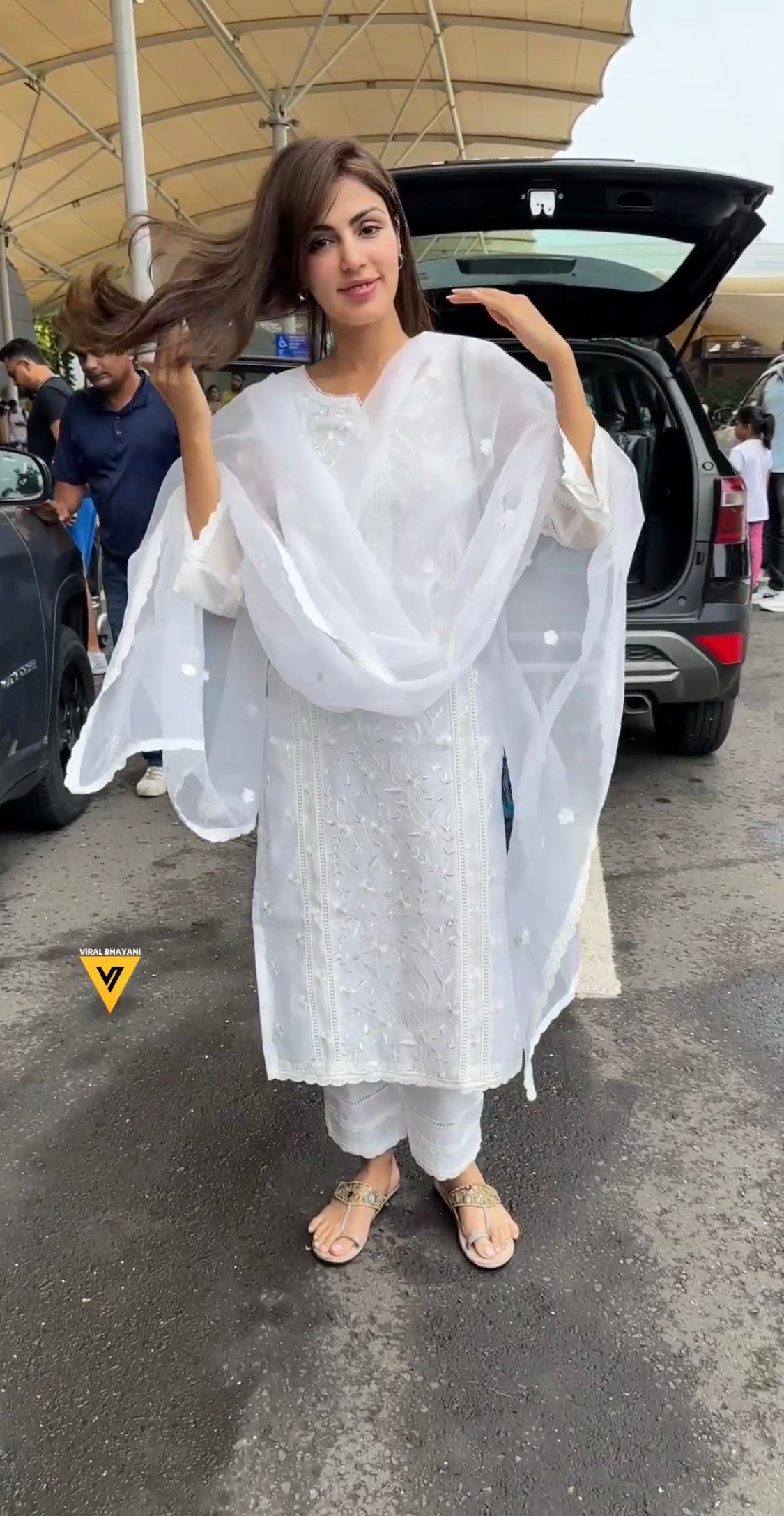 Rhea Chakraborty in Motiya - Egg White Chanderi Embroidered Suit Set.
