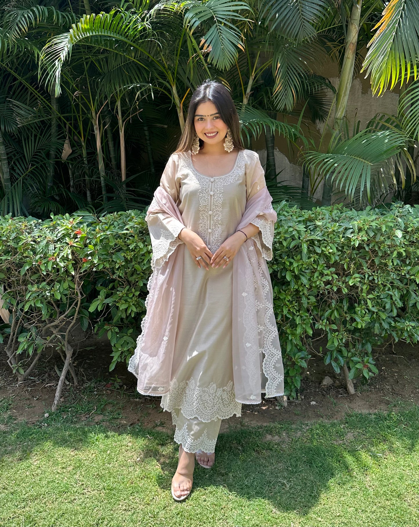 Heena Sachdeva in in Hazel Beige Chanderi Suit Set