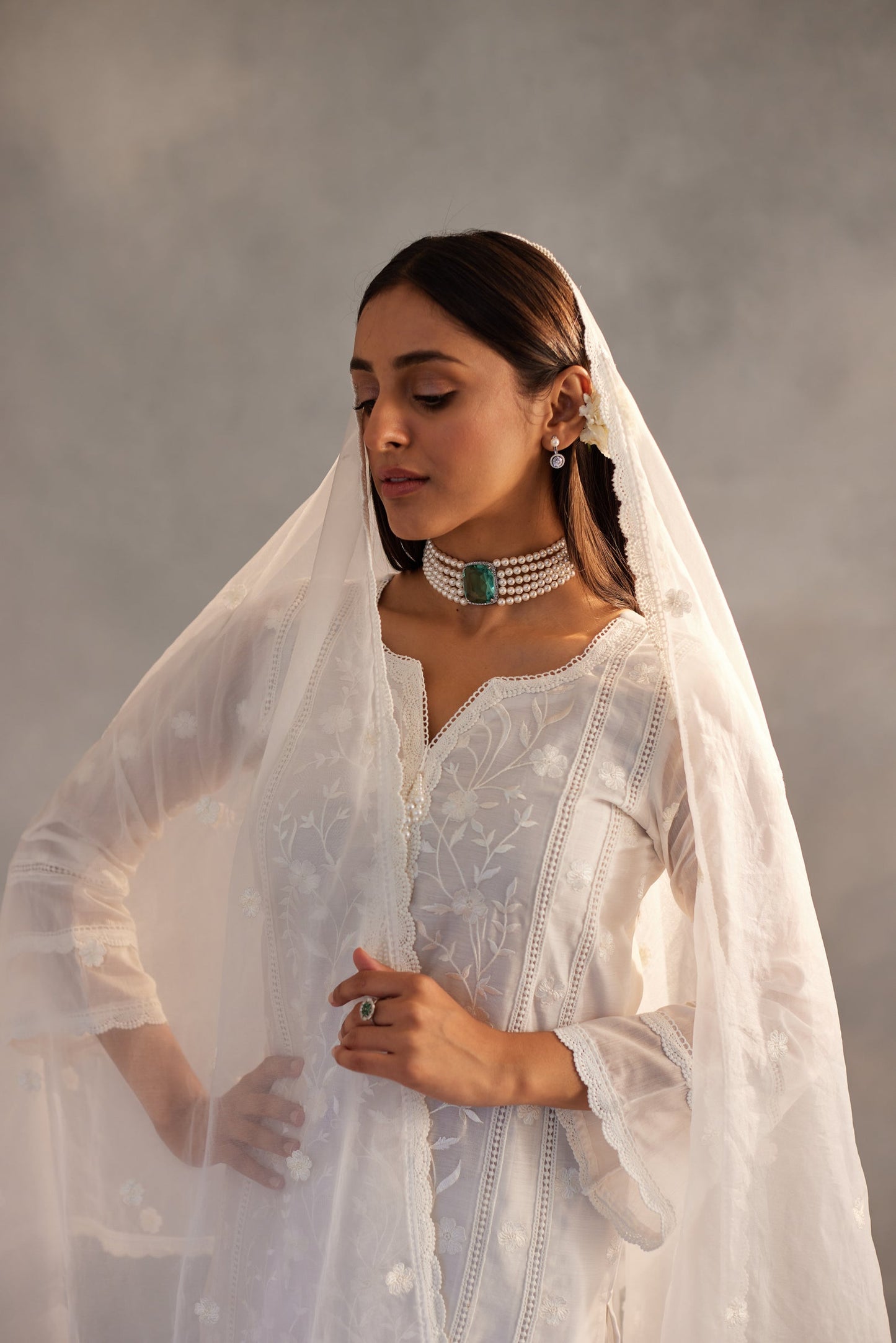Mehak Bakshi in Motiya - Egg White Chanderi Embroidered Suit Set.