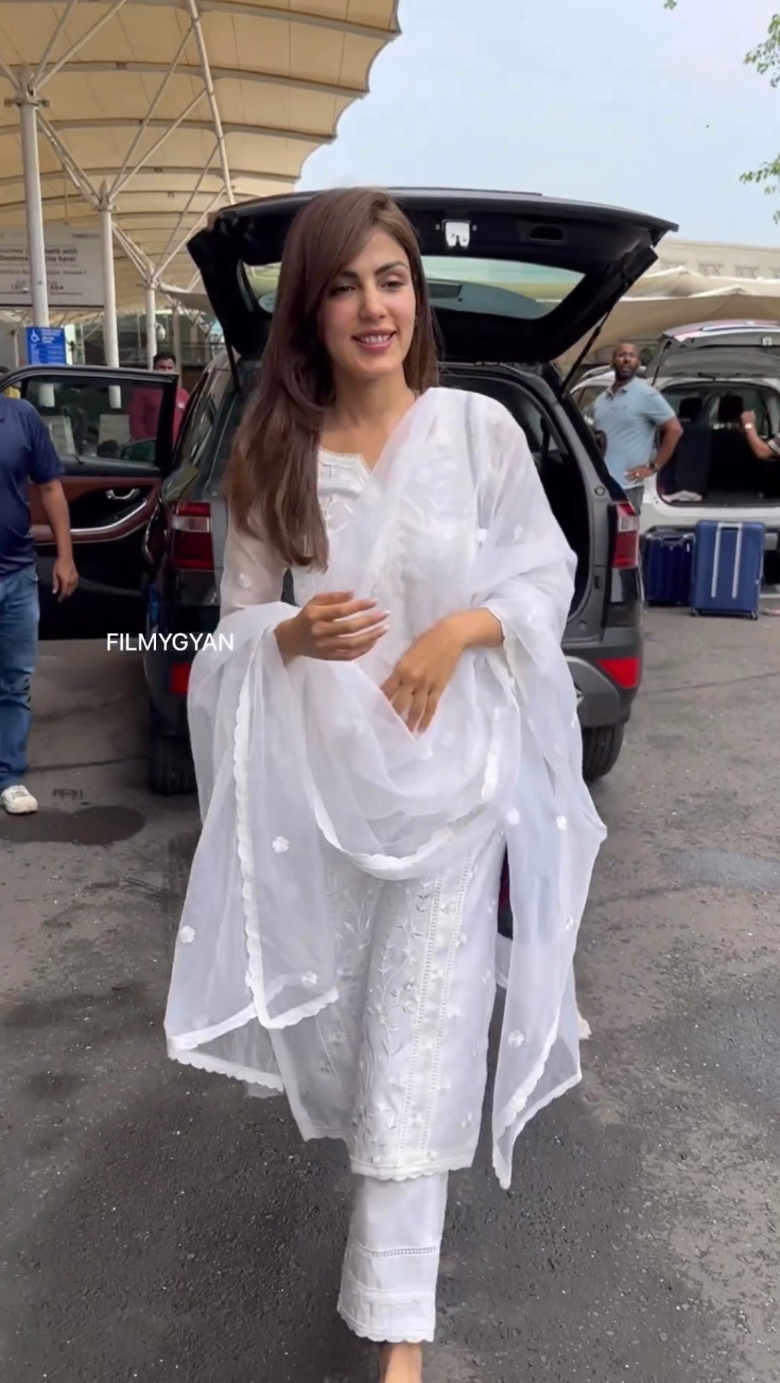 Rhea Chakraborty in Motiya - Egg White Chanderi Embroidered Suit Set.