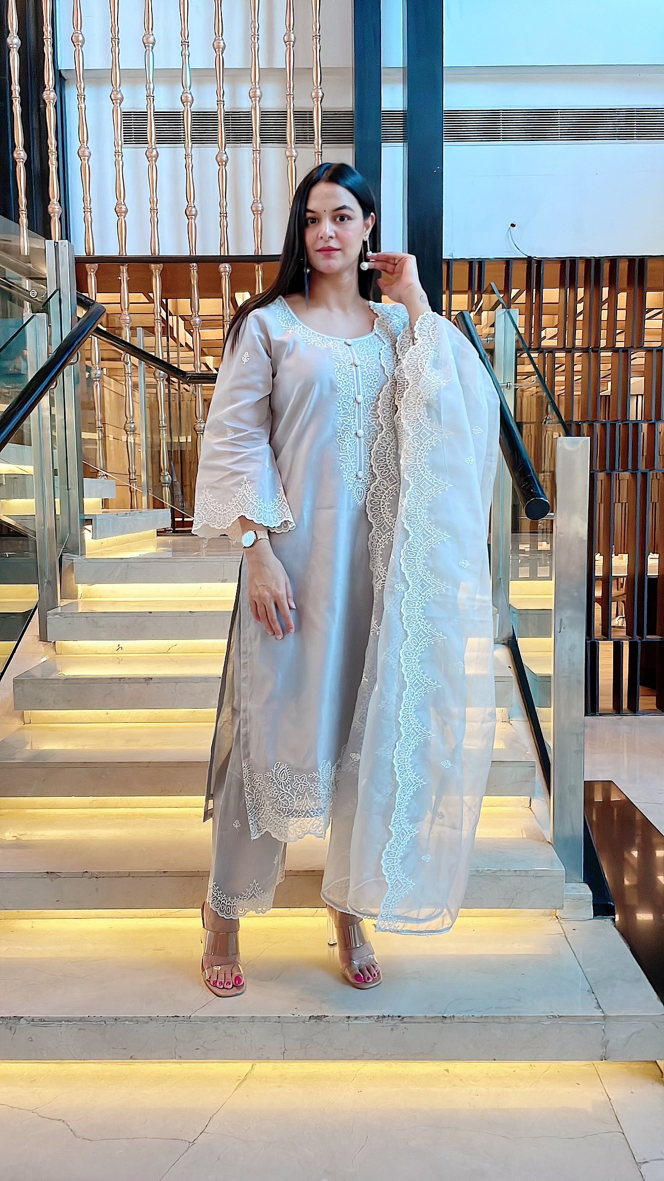Anu Rao in Silver Grey Chanderi Suit Set