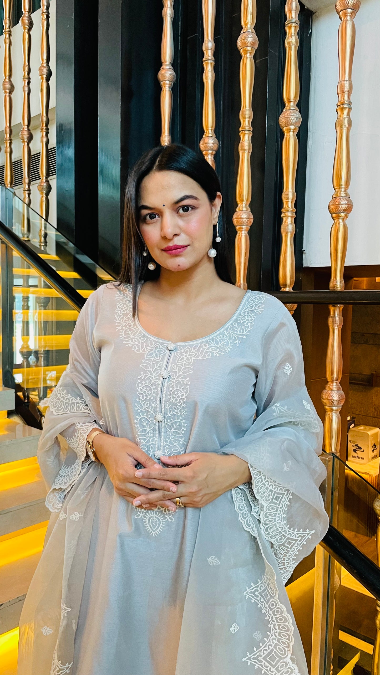 Anu Rao in Silver Grey Chanderi Suit Set