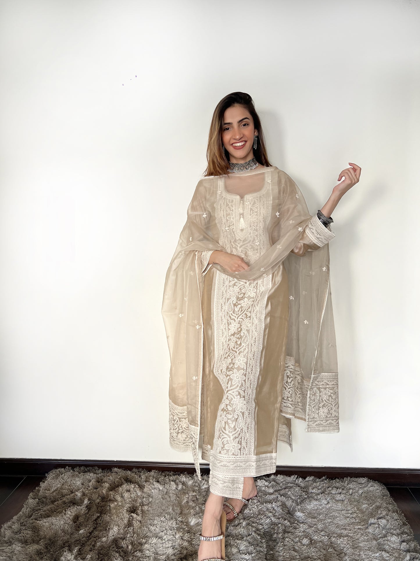 Arti Singh in Hazel Beige Chanderi Suit Set