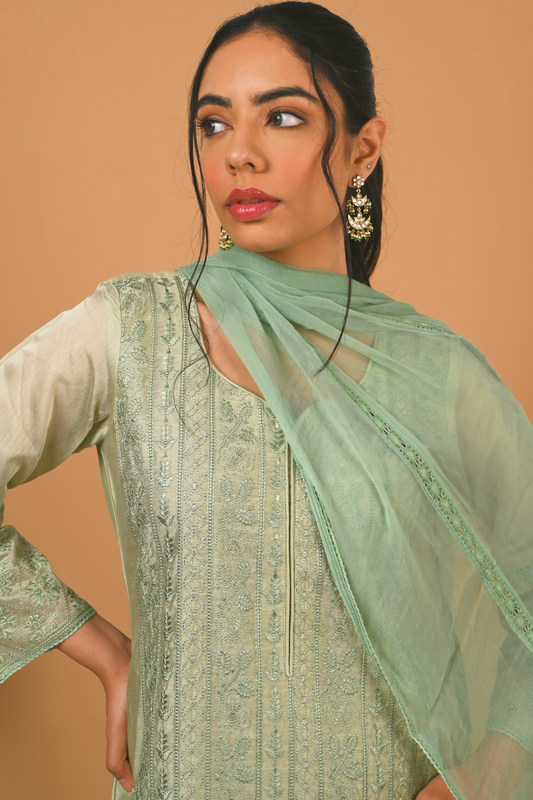 Pastel Green Chanderi Suit Set