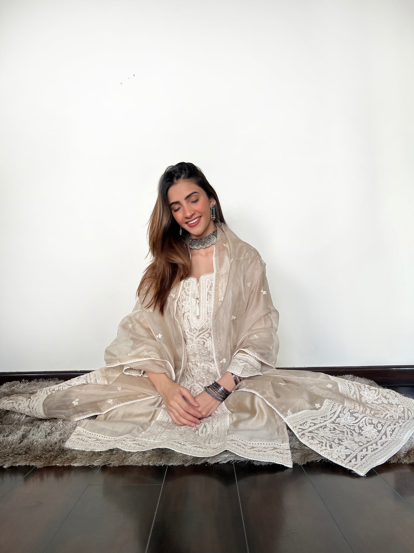 Arti Singh in Hazel Beige Chanderi Suit Set