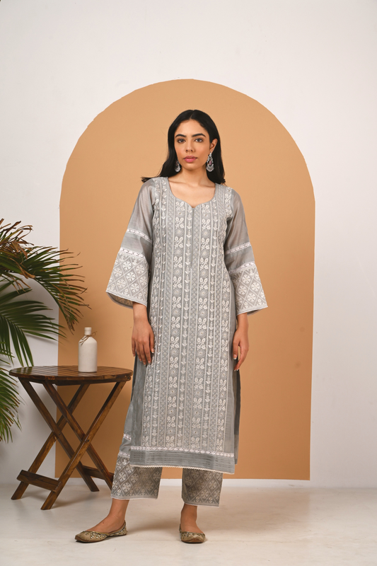 Sliver Grey Chanderi Suit Set