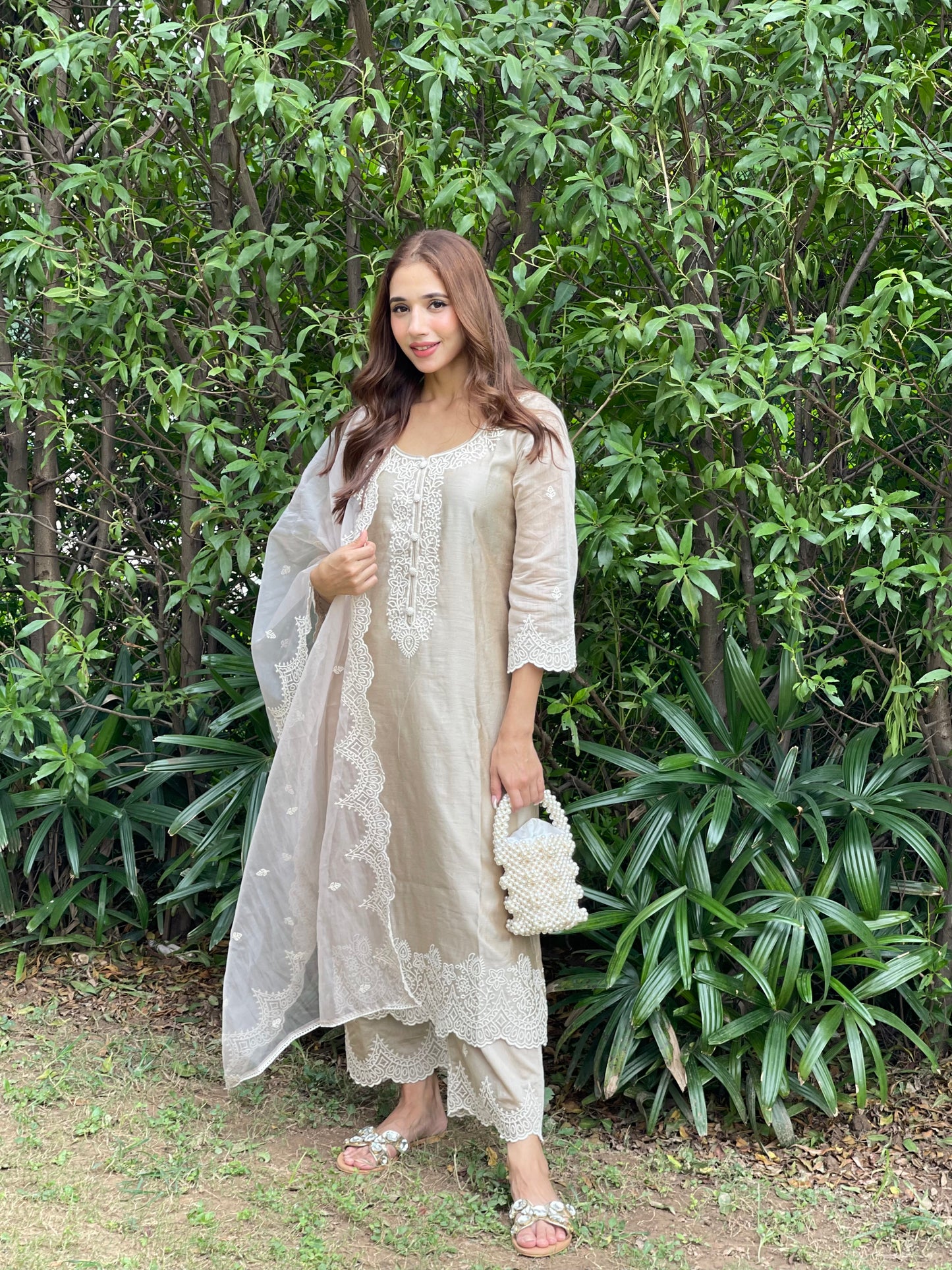 Ria Malhotra in Hazel Beige Chanderi Suit Set