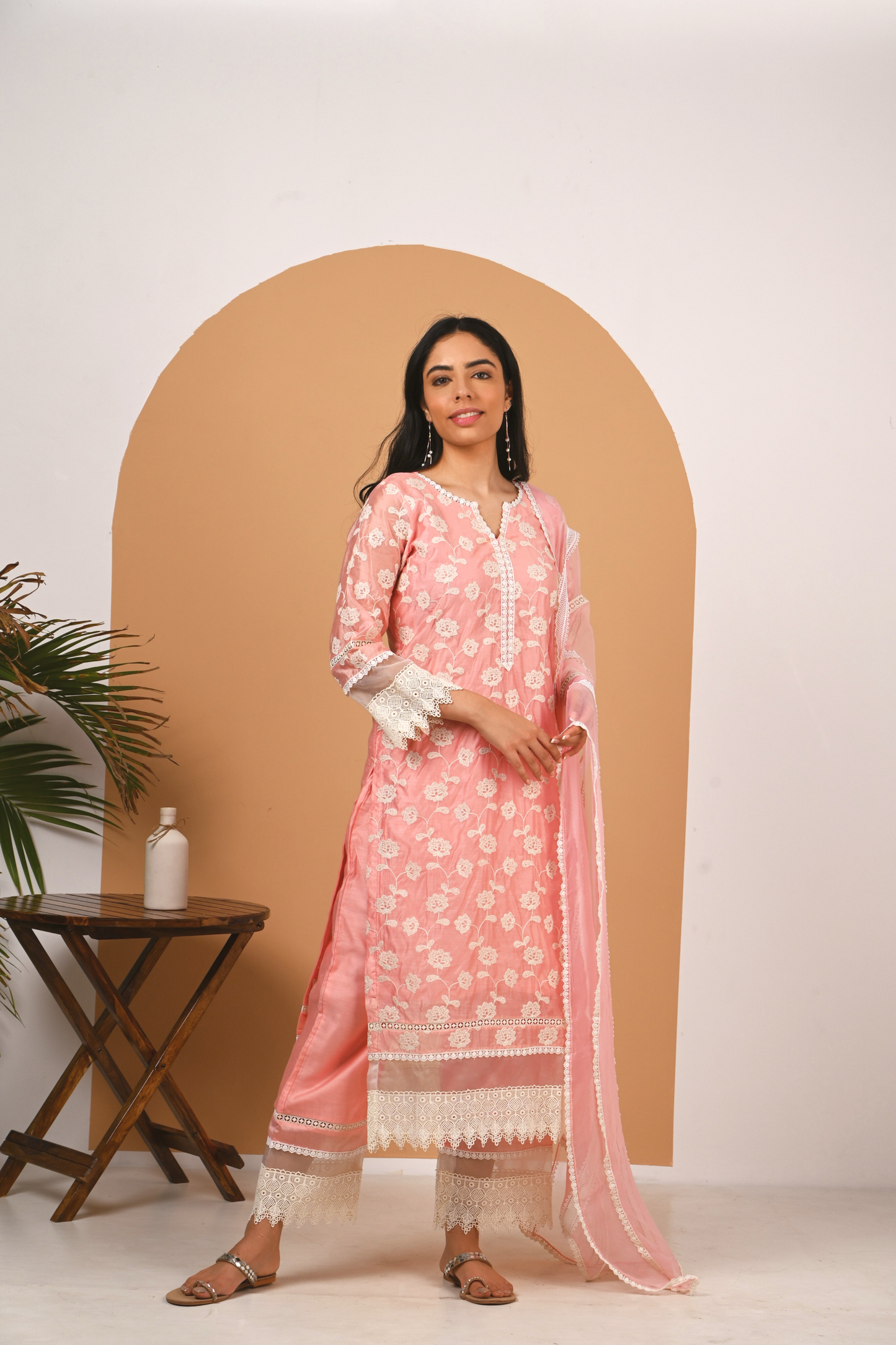 Floral Peach Chanderi Suit Set
