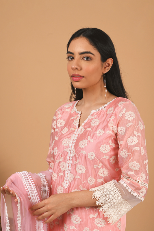 Floral Peach Chanderi Suit Set