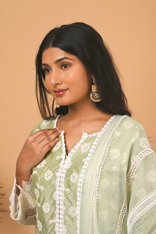 Floral Green Chanderi Suit Set