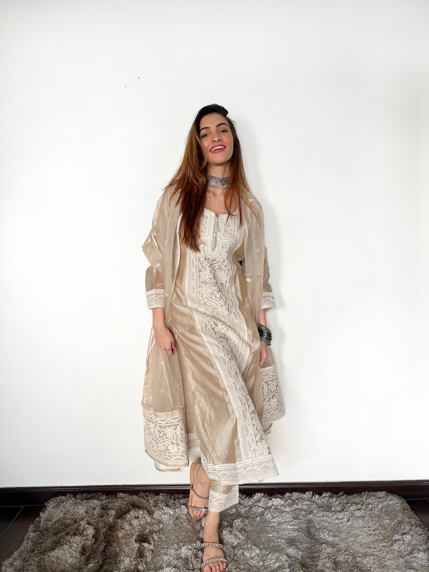 Arti Singh in Hazel Beige Chanderi Suit Set