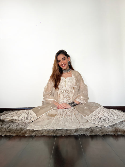 Shreya Lakhani in Hazel Beige Chanderi Suit Set