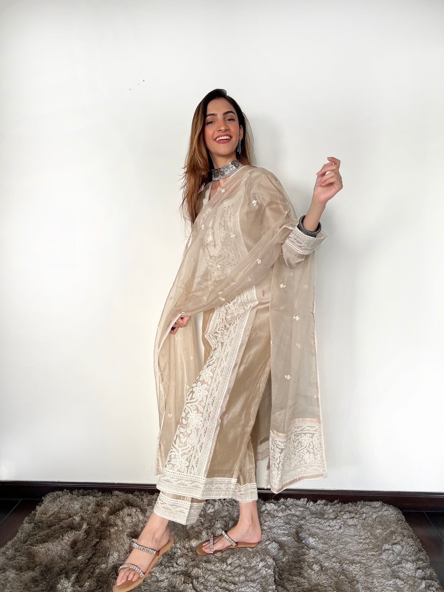 Arti Singh in Hazel Beige Chanderi Suit Set
