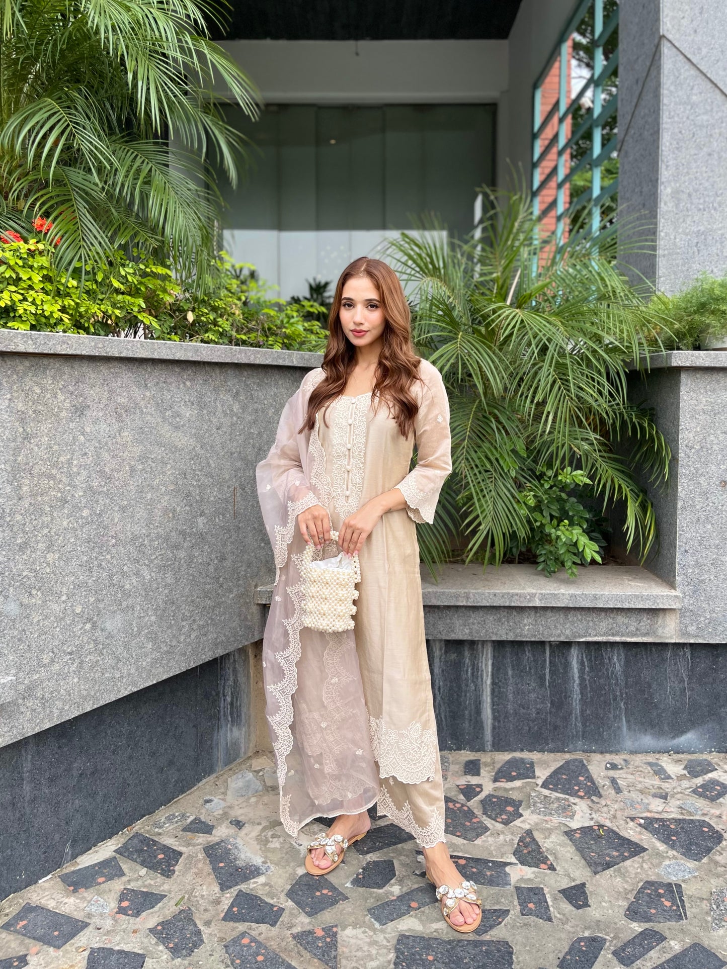 Ria Malhotra in Hazel Beige Chanderi Suit Set