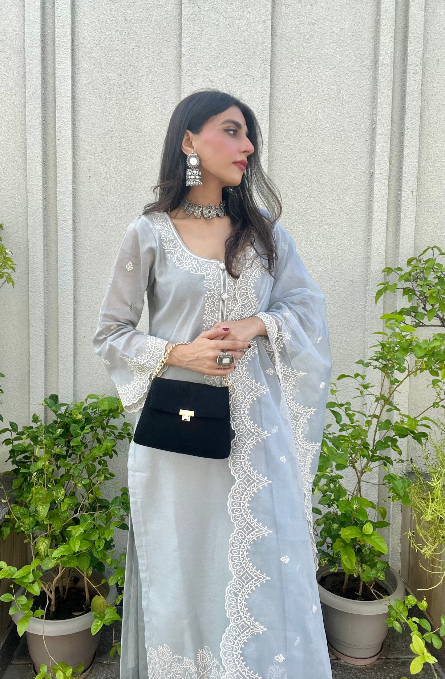 Mehak Jain in Silver Grey Chanderi Suit Set