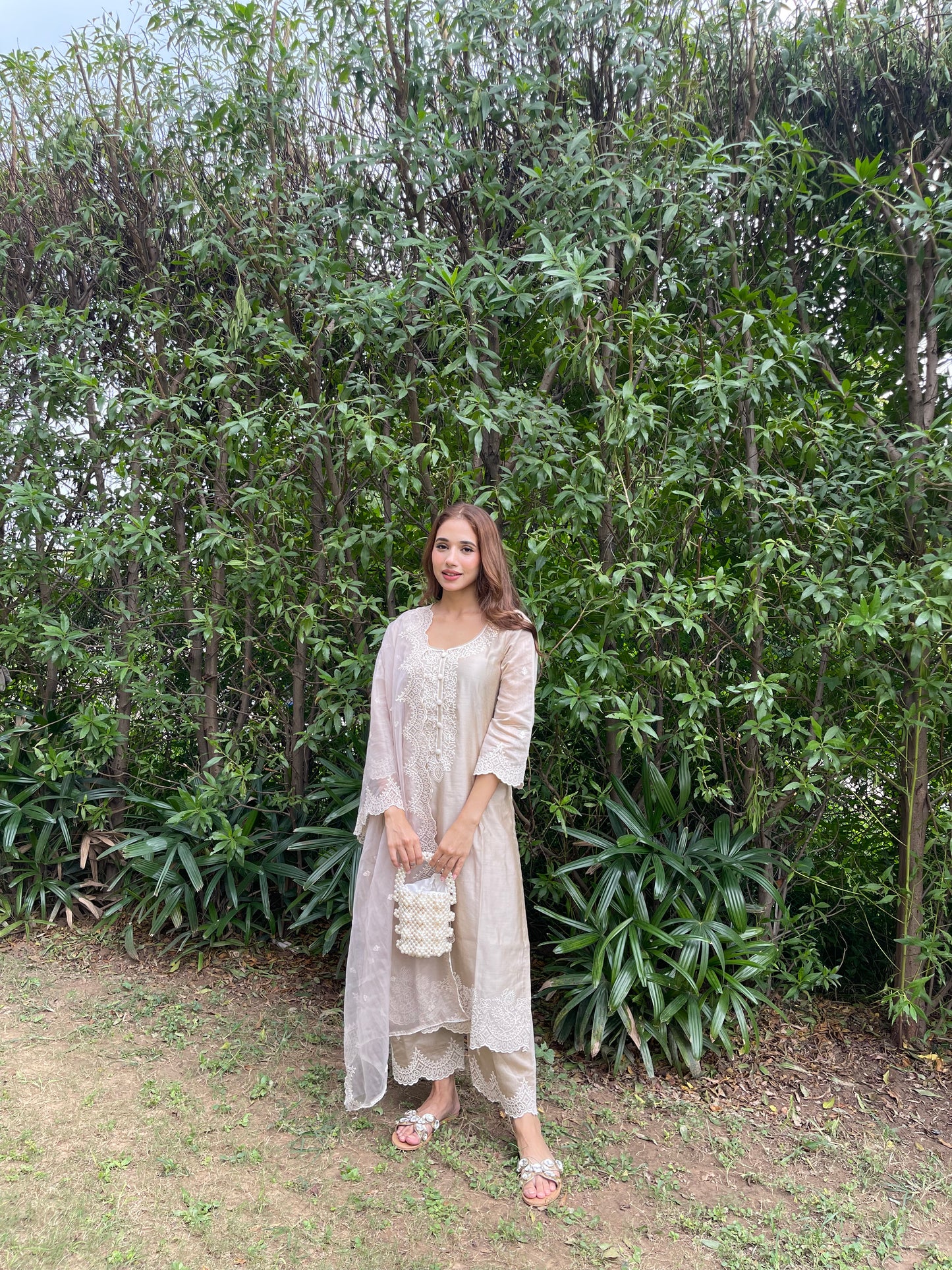 Ria Malhotra in Hazel Beige Chanderi Suit Set