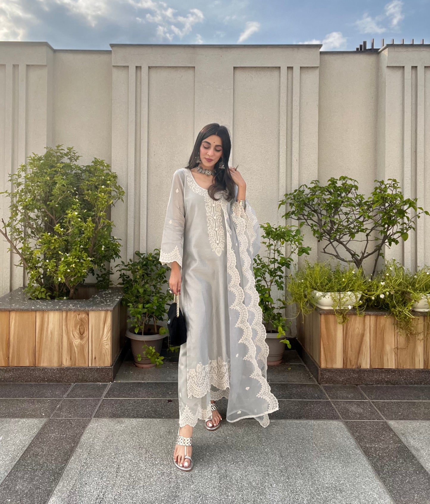 Mehak Jain in Silver Grey Chanderi Suit Set