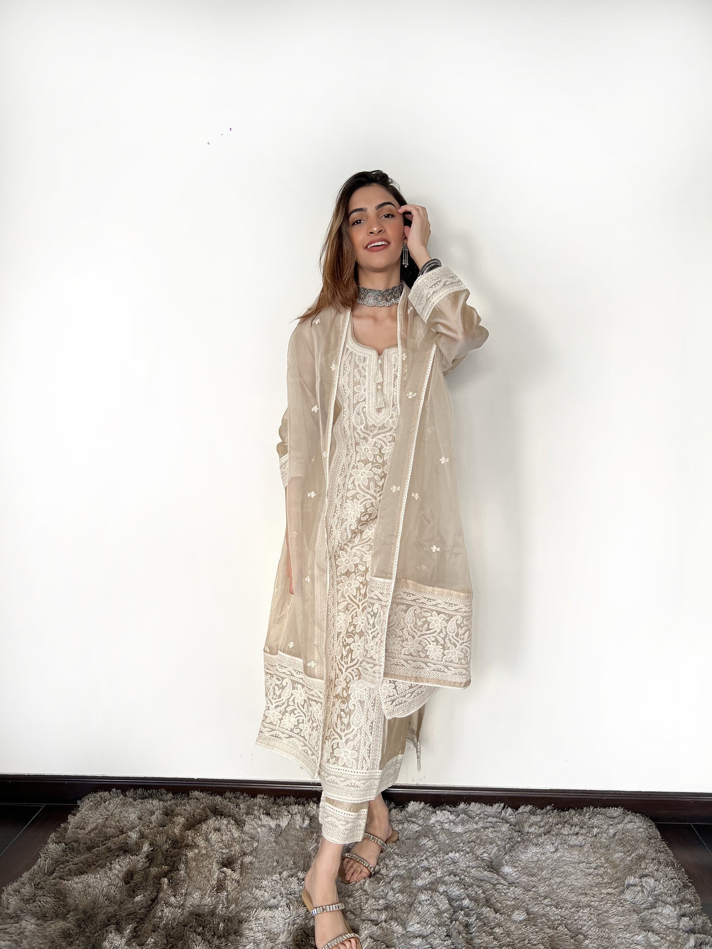 Arti Singh in Hazel Beige Chanderi Suit Set