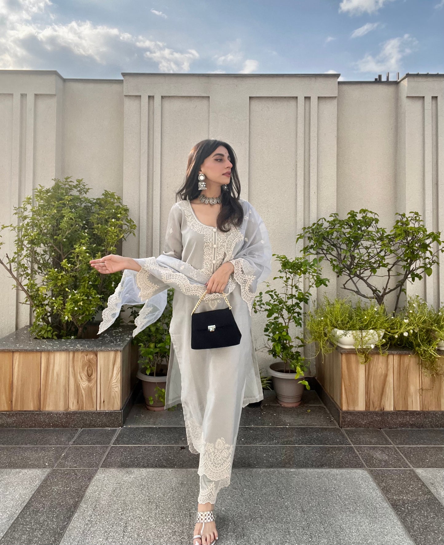 Mehak Jain in Silver Grey Chanderi Suit Set