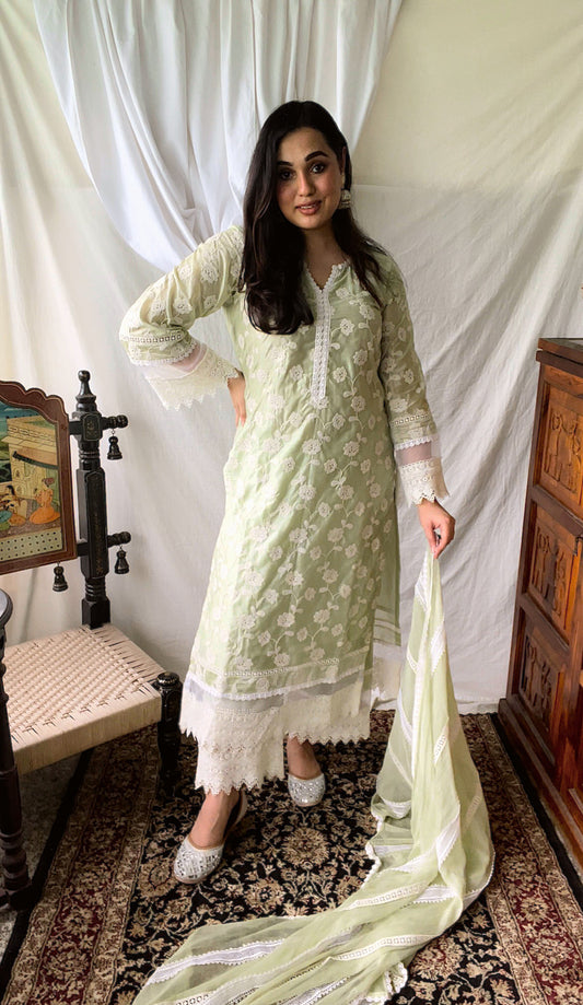 Abida Fatima in Floral Green Chanderi Suit Set