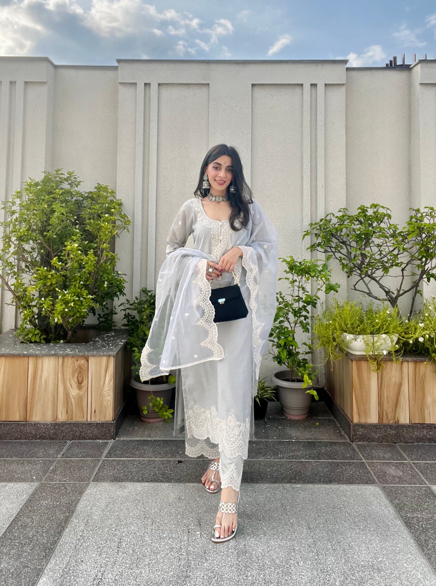 Mehak Jain in Silver Grey Chanderi Suit Set