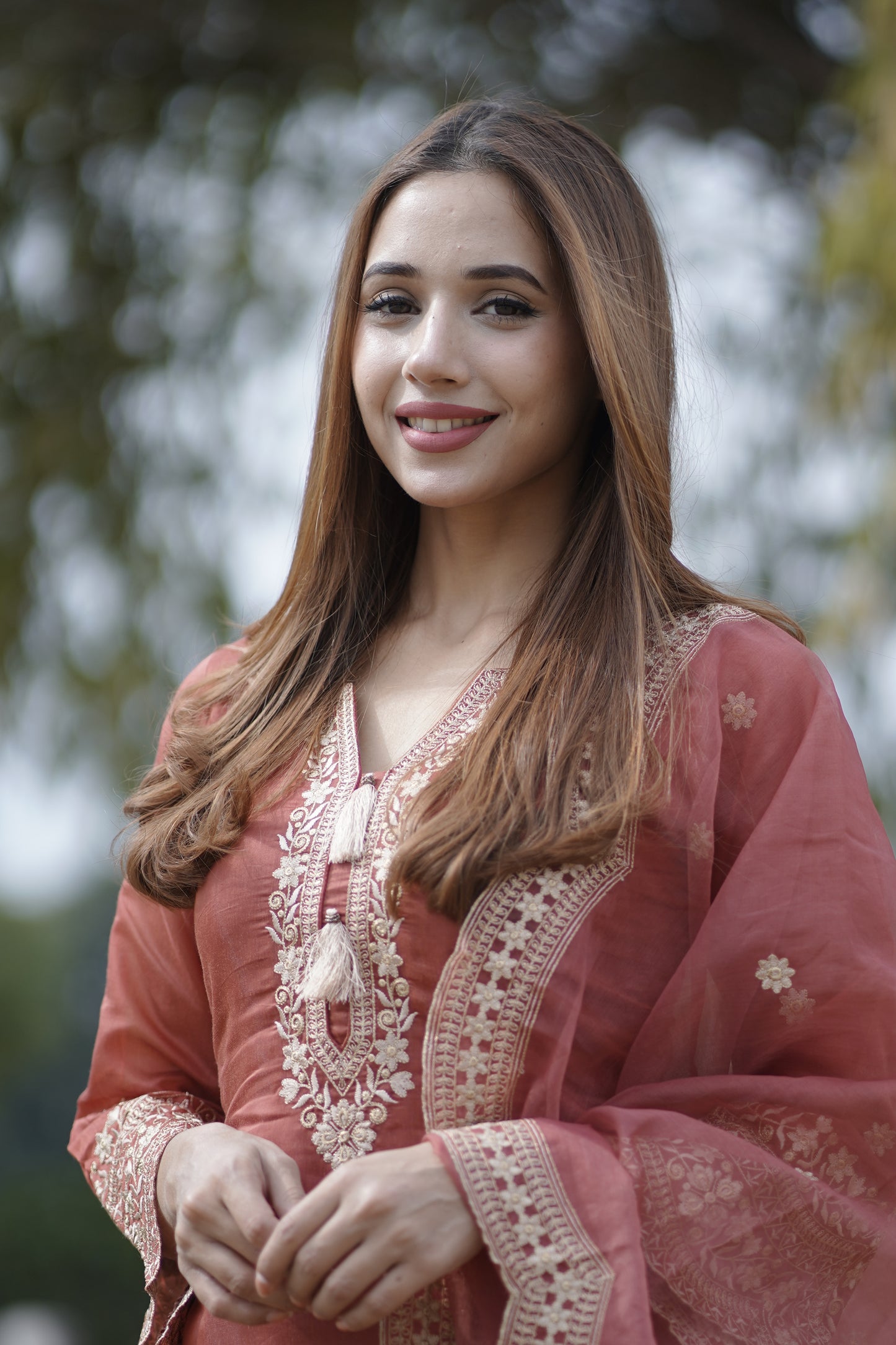 Ria Malhotra in Rust Chanderi Silk Suit Set