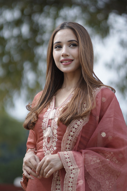 Ria Malhotra in Rust Chanderi Silk Suit Set
