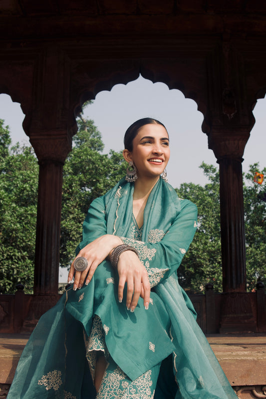 Shreya Lakhani in Pine Green Chanderi Silk Suit Set