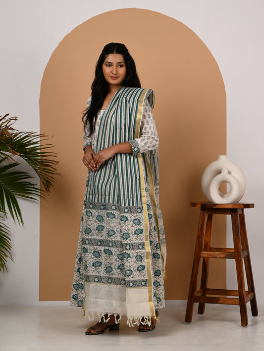 Teal and Off White Cotton Anarkali Set