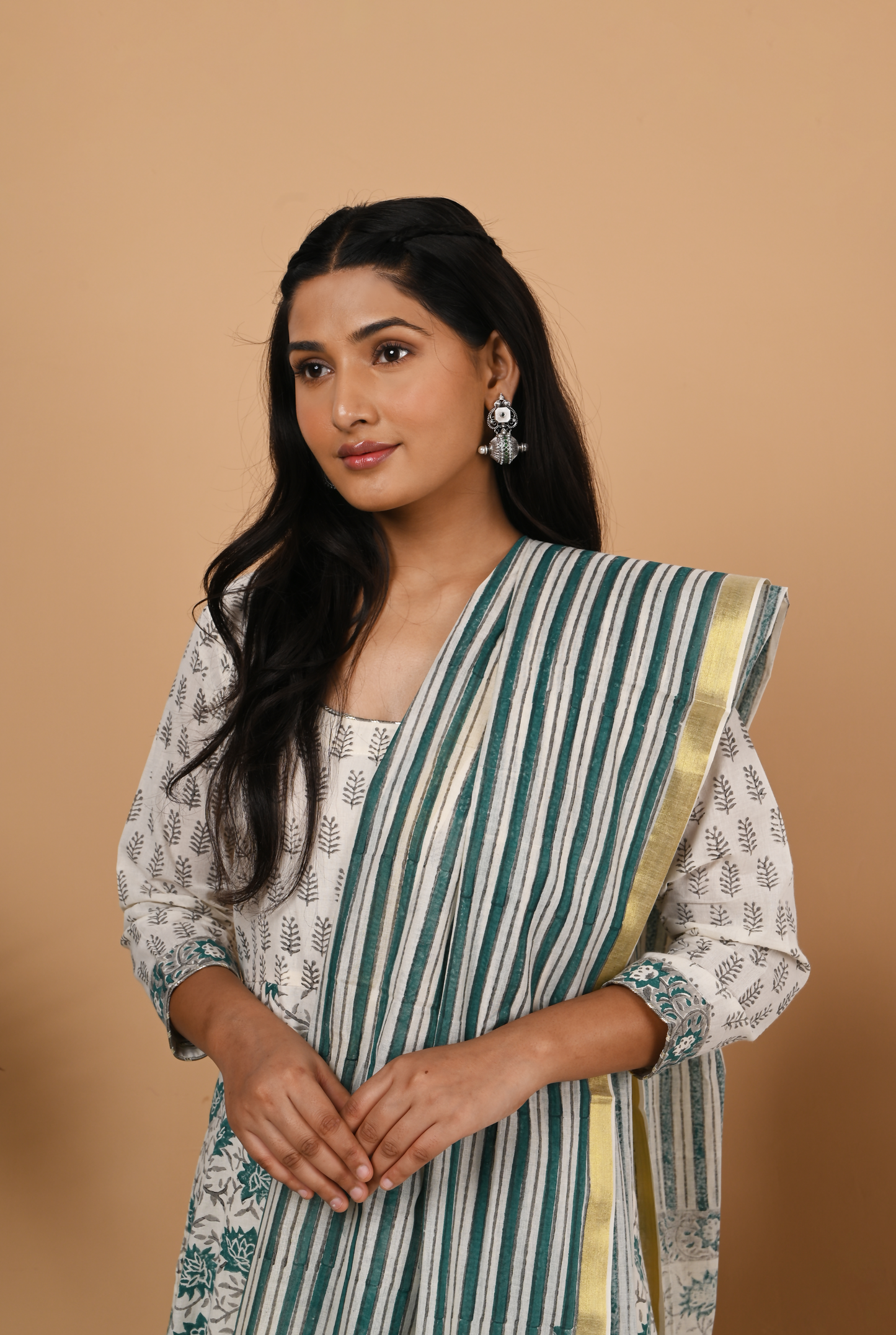 Teal and Off White Cotton Anarkali Set