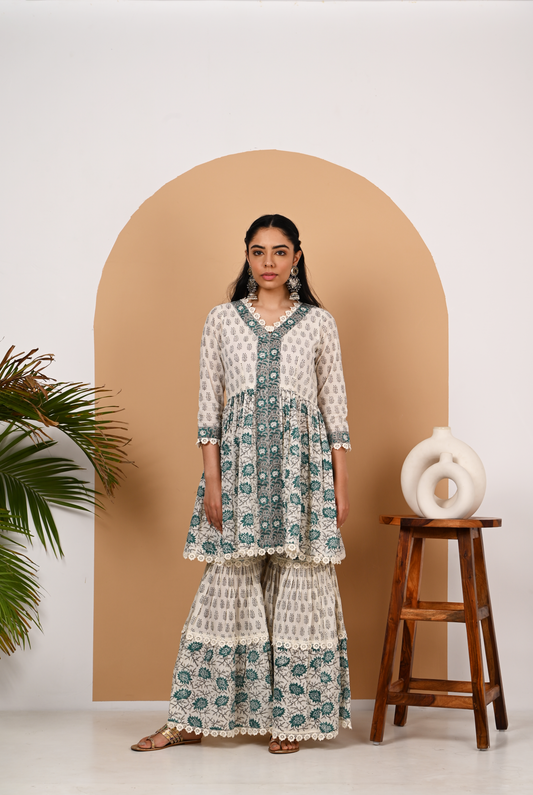 Teal and Off White Cotton Garara Set
