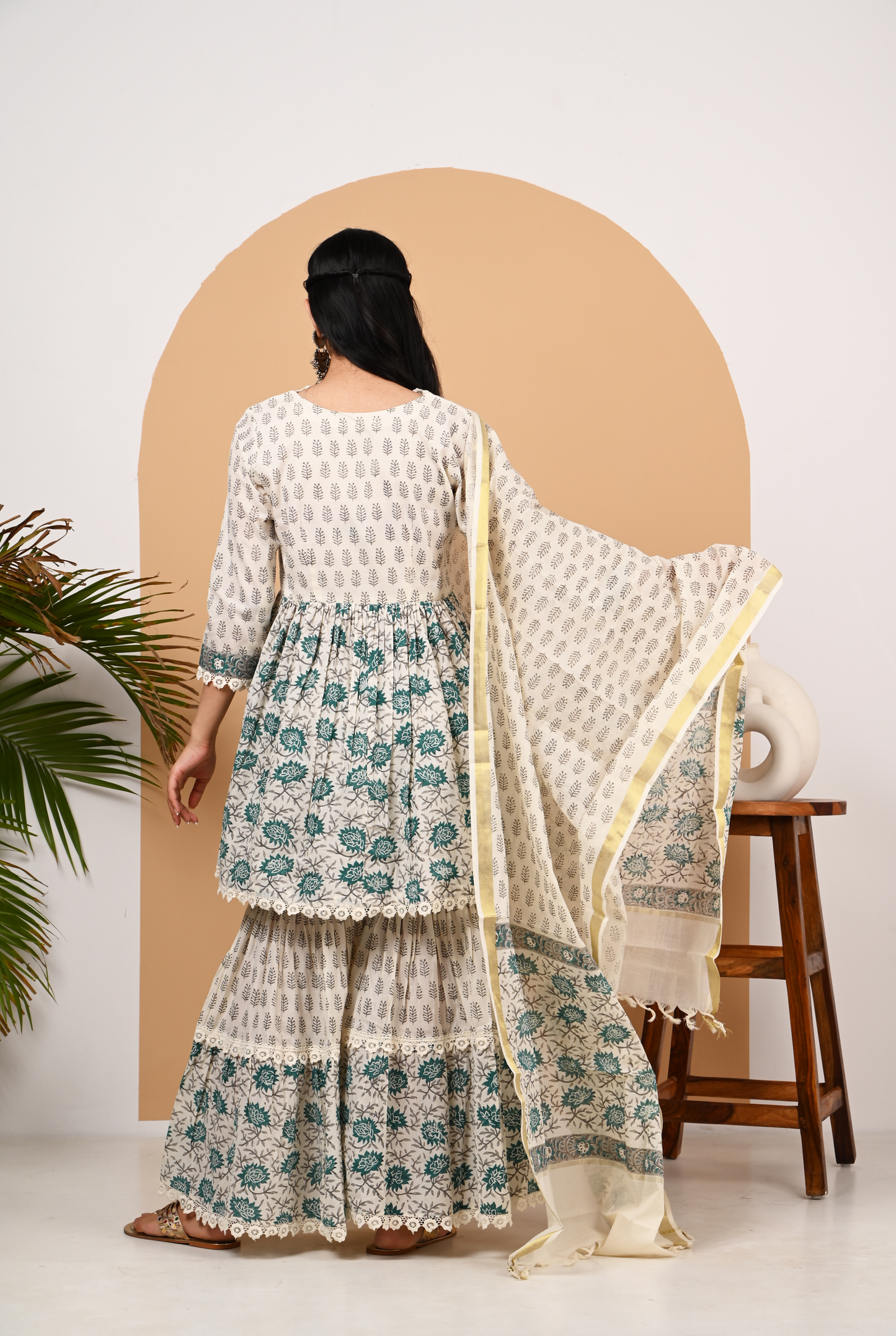 Teal and Off White Cotton Garara Set