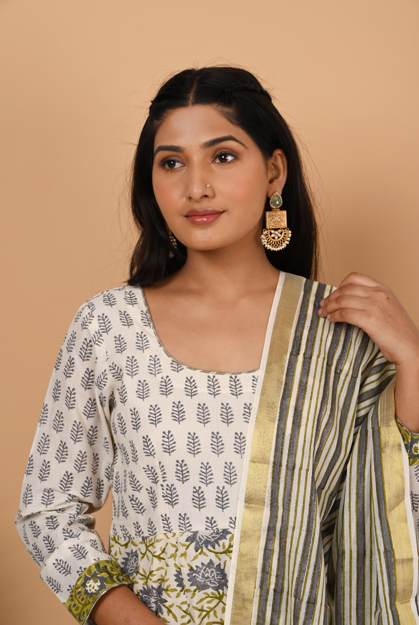 Grey and Off White Cotton Anarkali Set