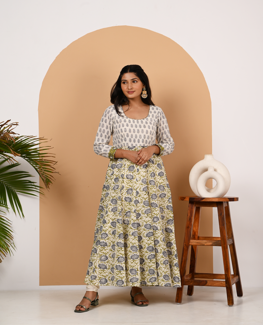 Grey and Off White Cotton Anarkali Set