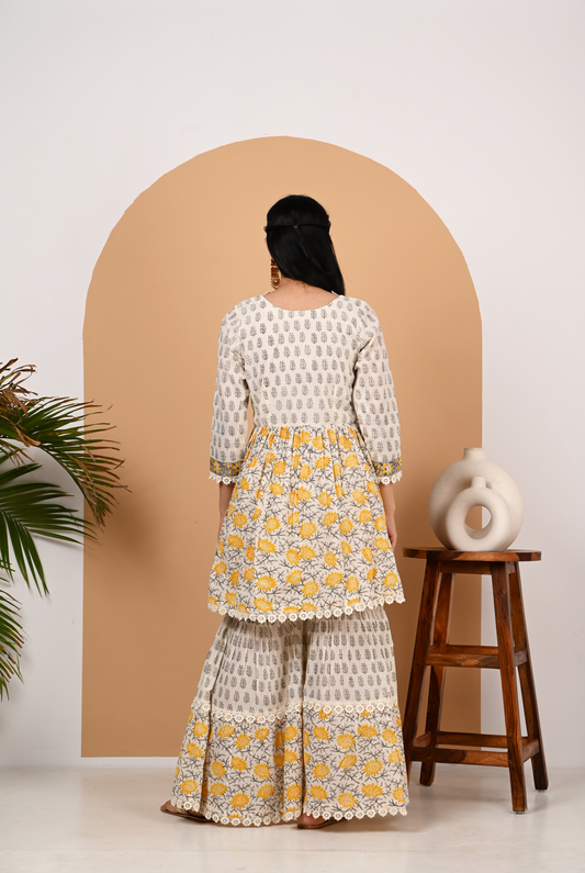 Yellow and Off White Cotton Garara Set