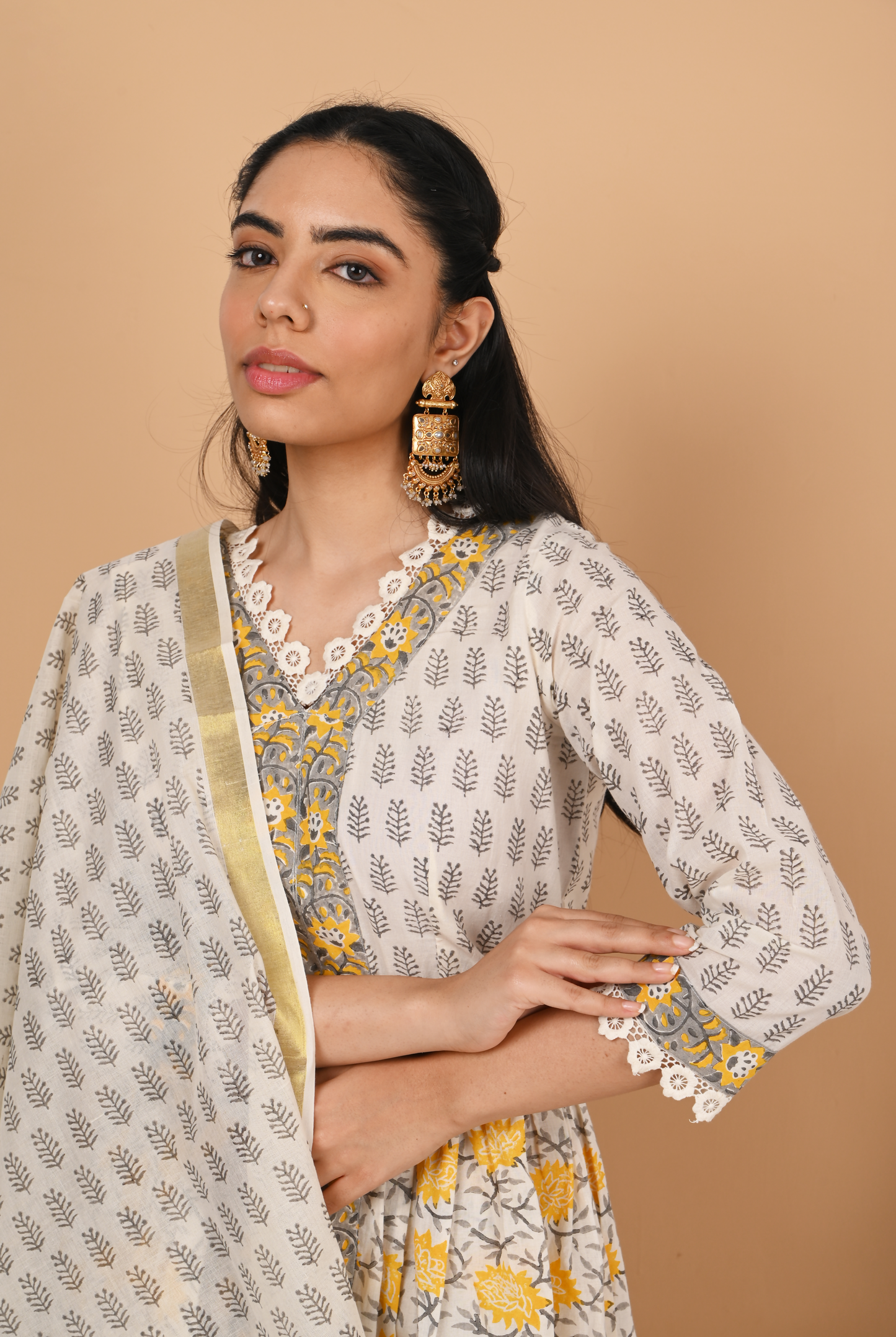 Yellow and Off White Cotton Garara Set