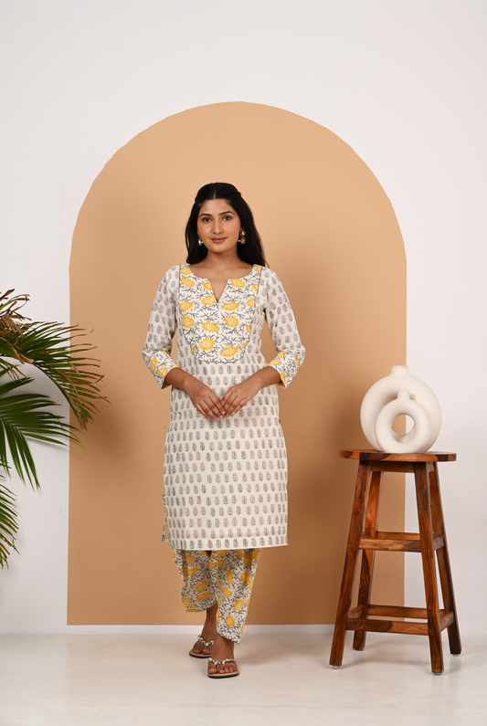 Yellow and Off White Cotton Salwar Set