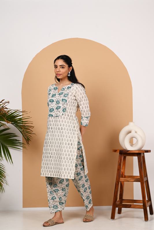 Teal and Off White Cotton Salwar Set