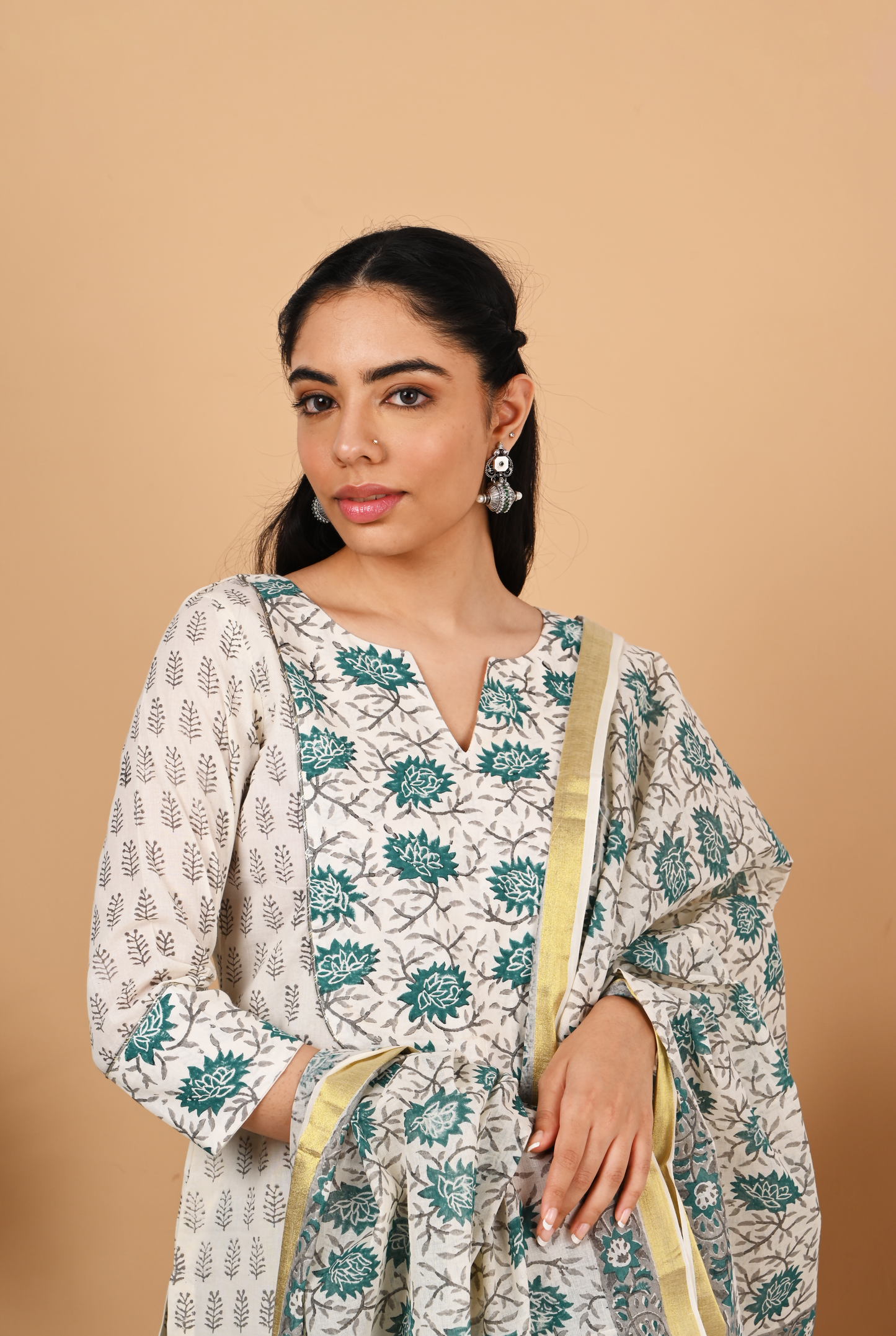 Teal and Off White Cotton Salwar Set