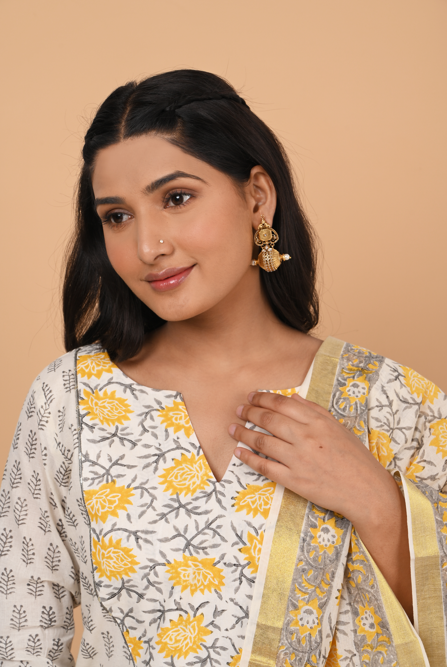 Yellow and Off White Cotton Salwar Set