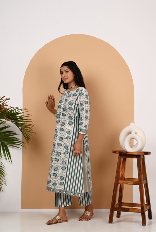 Teal and Off White Cotton A-Line Set