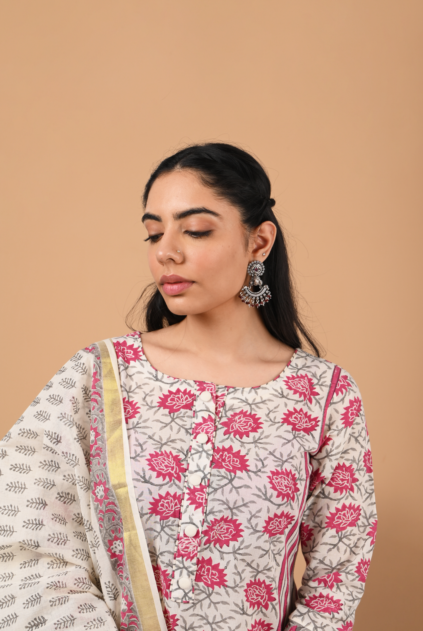 Pink and Off White Cotton A-LineSet