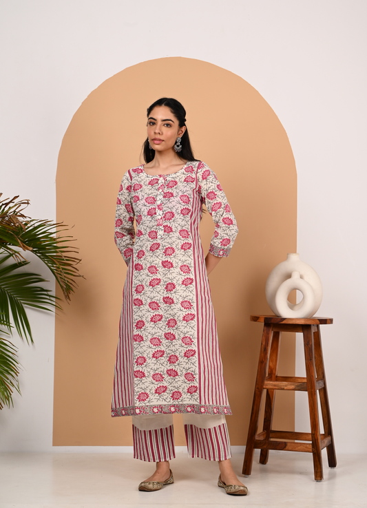 Pink and Off White Cotton A-LineSet