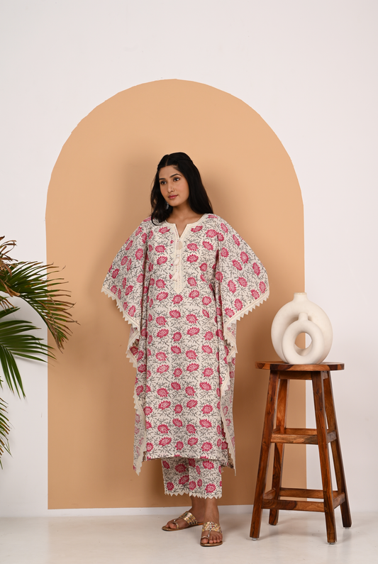 Pink and Off White Cotton Kaftan Set